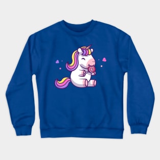 Cute Unicorn Eating Lollipop Cartoon (2) Crewneck Sweatshirt